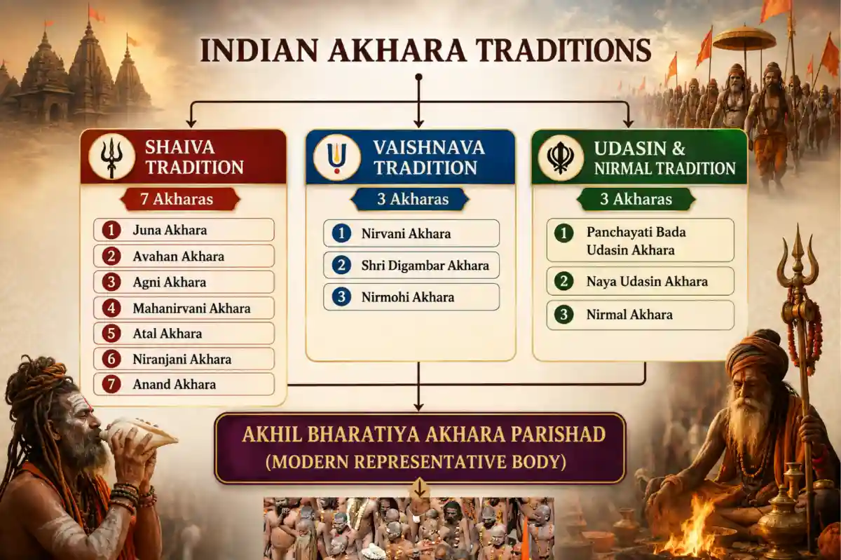 Akharas processing in Chhavni Pravesh procession during Kumbh Mela — all 13 orders coordinated by the Akhil Bharatiya Akhara Parishad