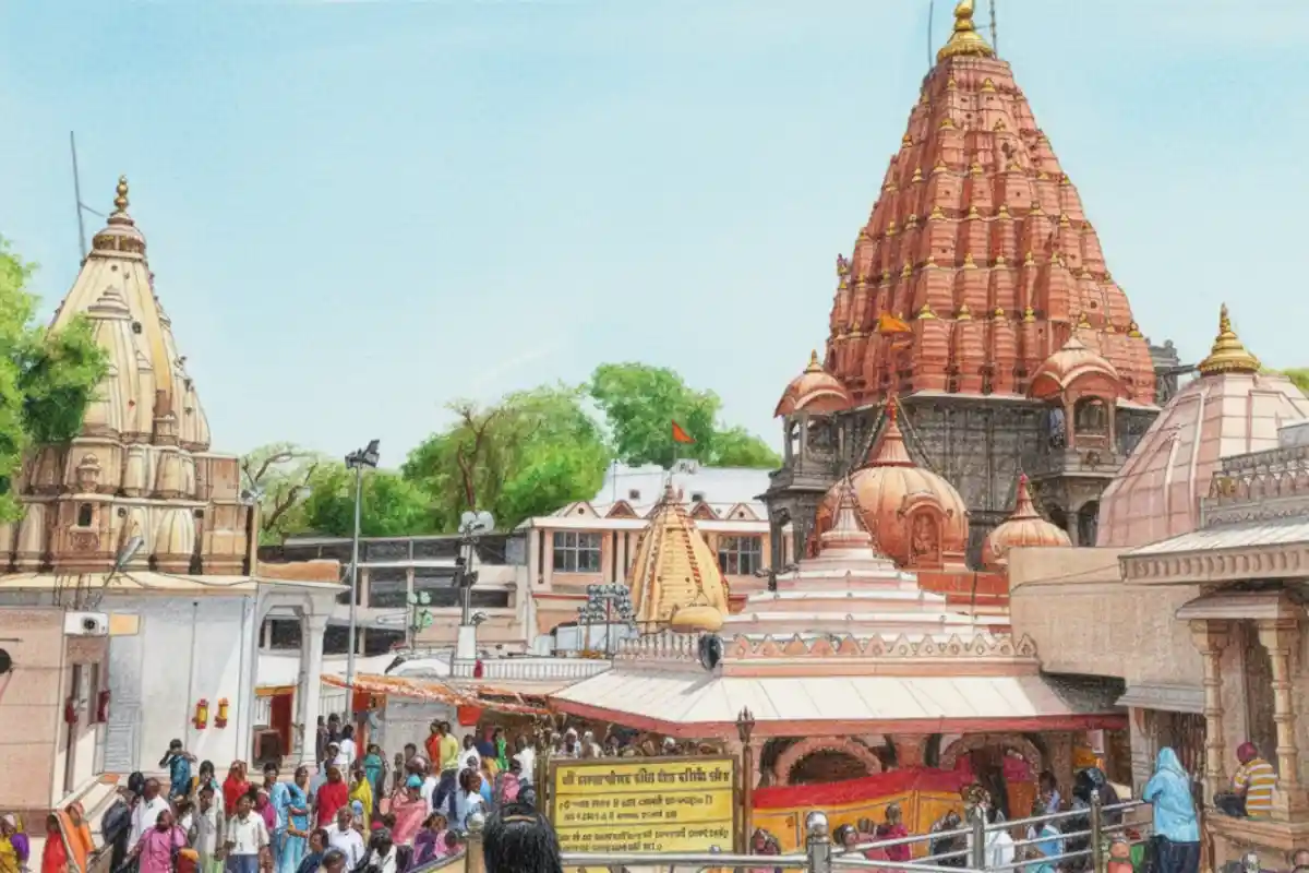 Mahakaleshwar Temple shikhara in Ujjain on the banks of the Shipra River