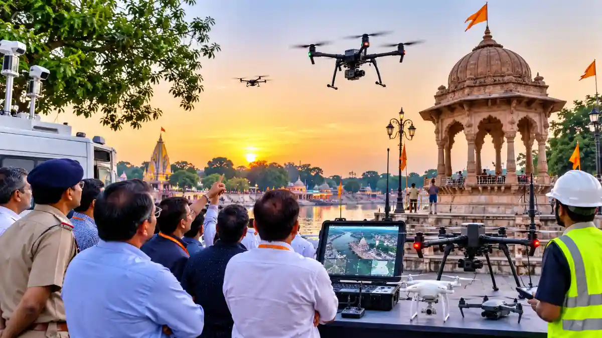 उज्जैन के राणोजी की छत्री पर सिंहस्थ 2028 के लिए ड्रोन तकनीक का डेमो देखते अधिकारी