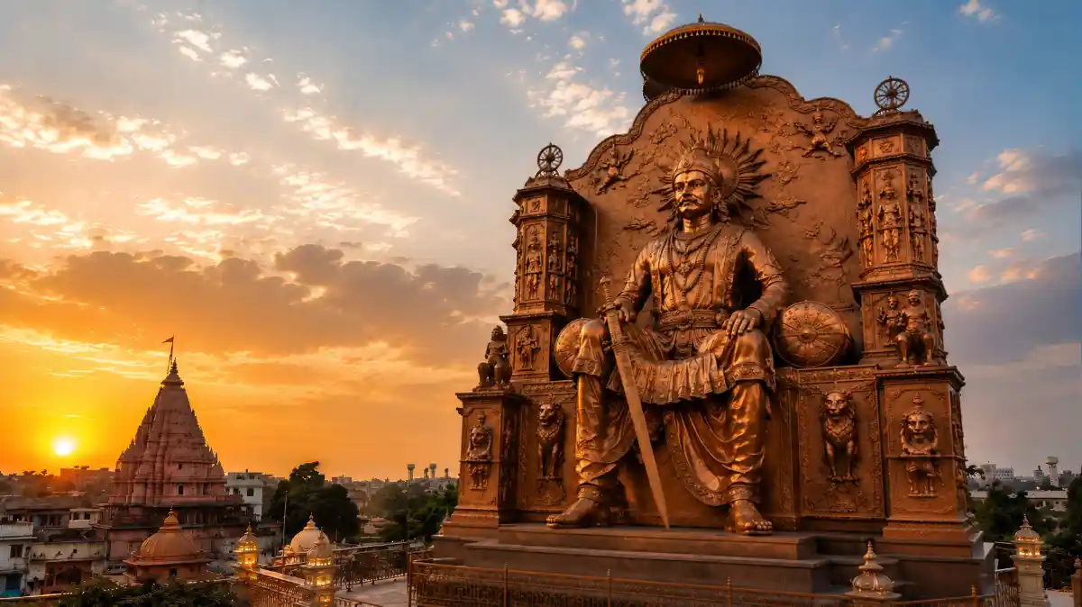 30-foot brass statue of Raja Vikramaditya at Vikram Teela behind Mahakaleshwar Temple in Ujjain, Madhya Pradesh