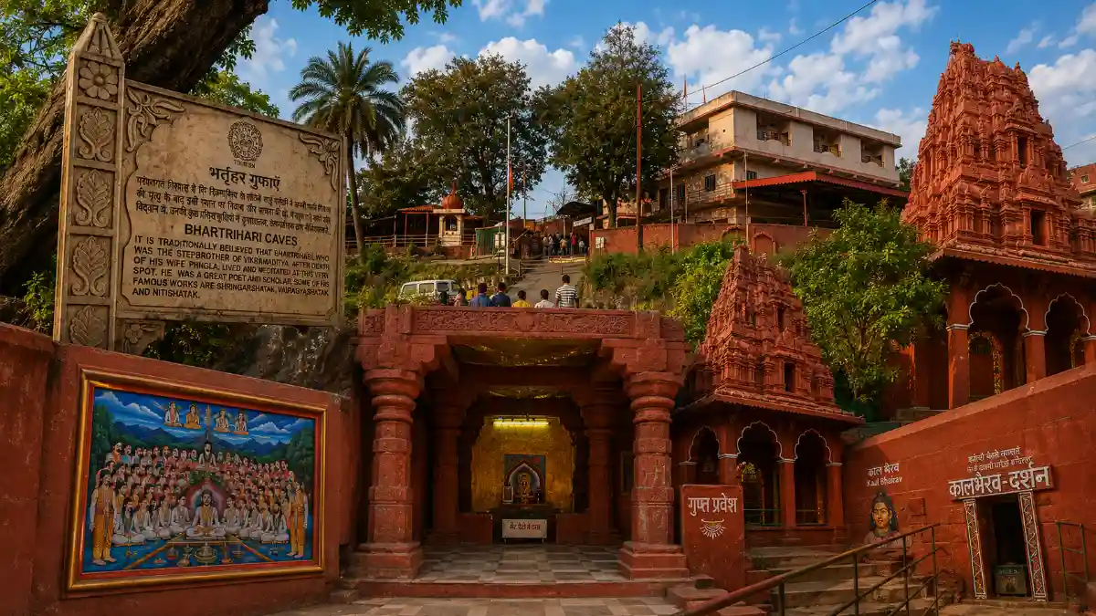 Stone entrance to Bhartrihari Cave on the bank of the Kshipra river in Ujjain, Madhya Pradesh, with steps leading down to the meditation chambers
