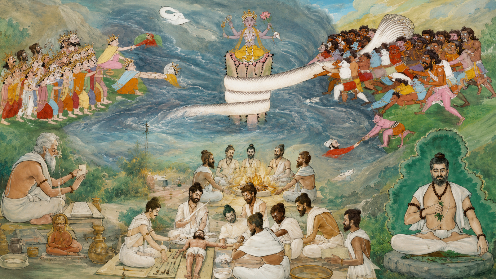 Lord Dhanvantari emerging from the Samudra Manthan holding the kalash of amrit, the mythological origin of the Kumbh and Simhastha traditions