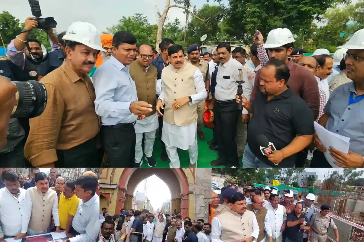 CM Mohan Yadav inspecting Rajsi Sawari Marg road widening work at Kanthal Square, Ujjain, August 20, 2026