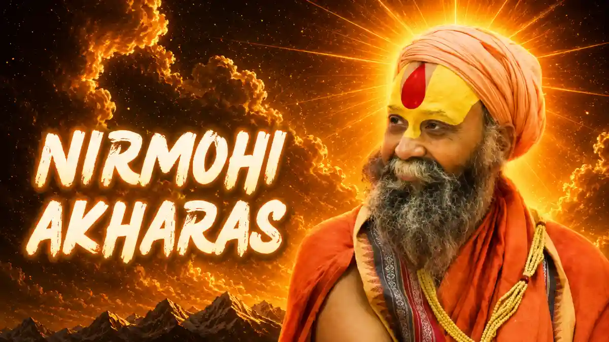 Bairagi saints of Nirmohi Ani Akhara in saffron robes during Amrit Snan procession at Simhastha Kumbh Mela Ujjain 2028