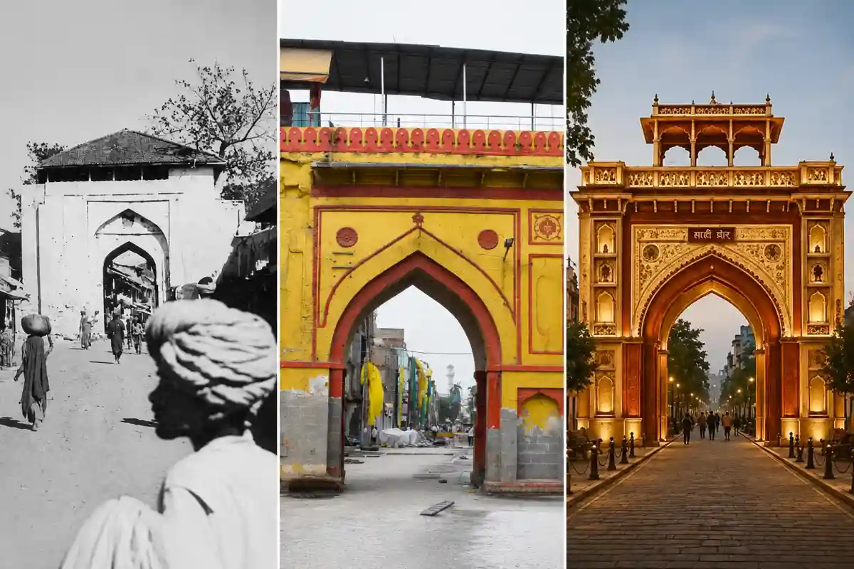 Sati Gate (Sati Darwaza), Ujjain the Mughal-era city gateway on the Kanthal to Chhatri Chowk road, during Simhastha 2028 road-widening work