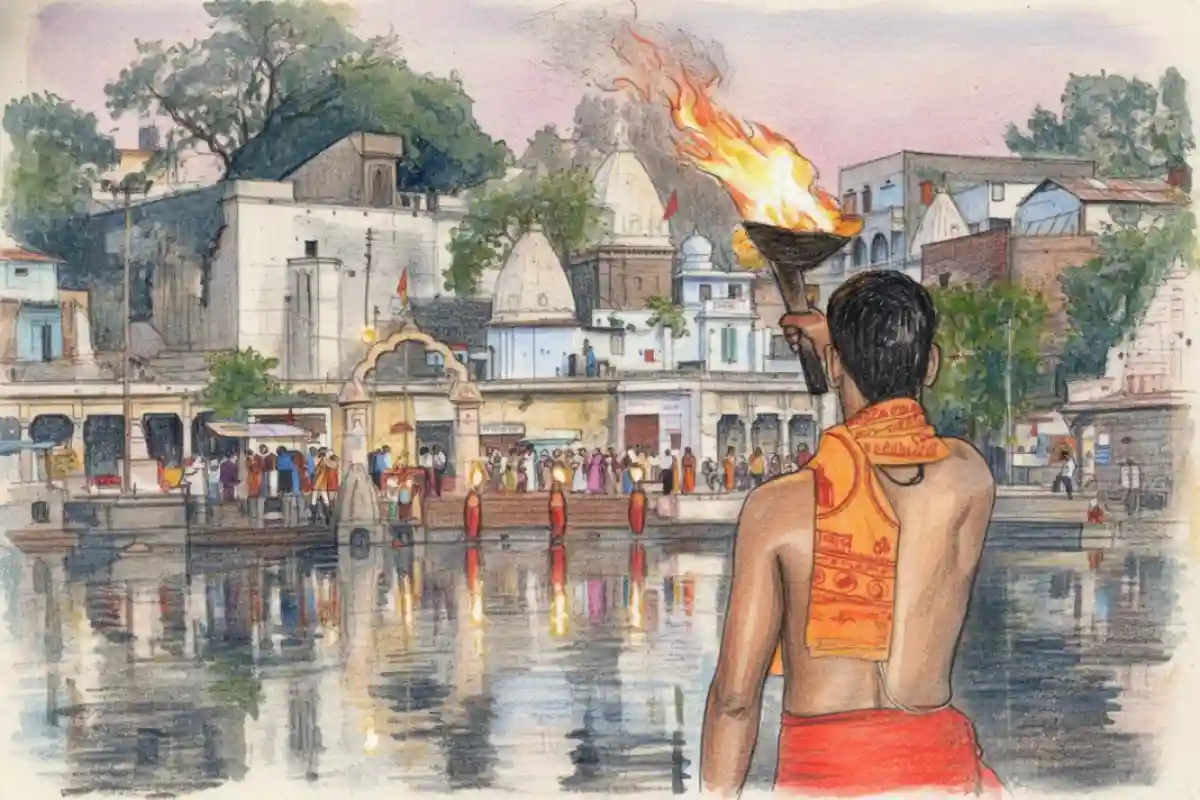 Devotees lighting lamps on Shipra River ghat Ujjain at night.