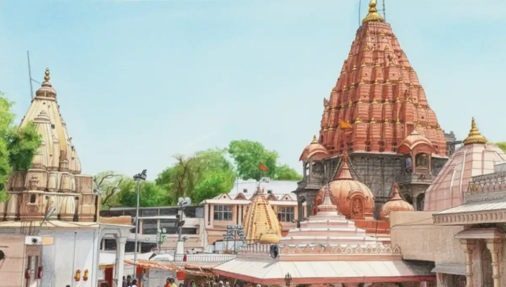 Aerial view of Ujjain with Mahakaleshwar Temple and Shipra river ghats at dawn