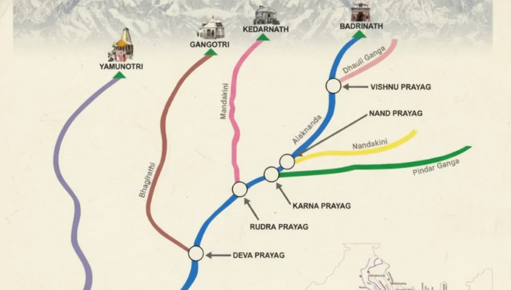 Prayagraj - Scientific-style illustration showing Ganga, Yamuna, Saraswati confluence underwater flow diagram