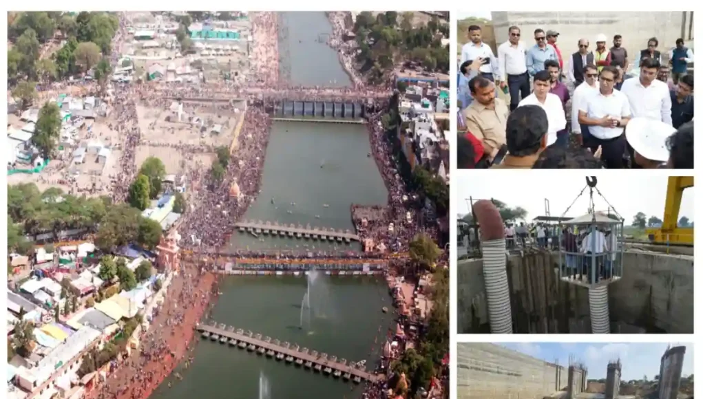 ujjain-simhastha-2028 Aerial view of Ujjain’s Shipra River ghats under redevelopment ahead of Simhastha 2028.